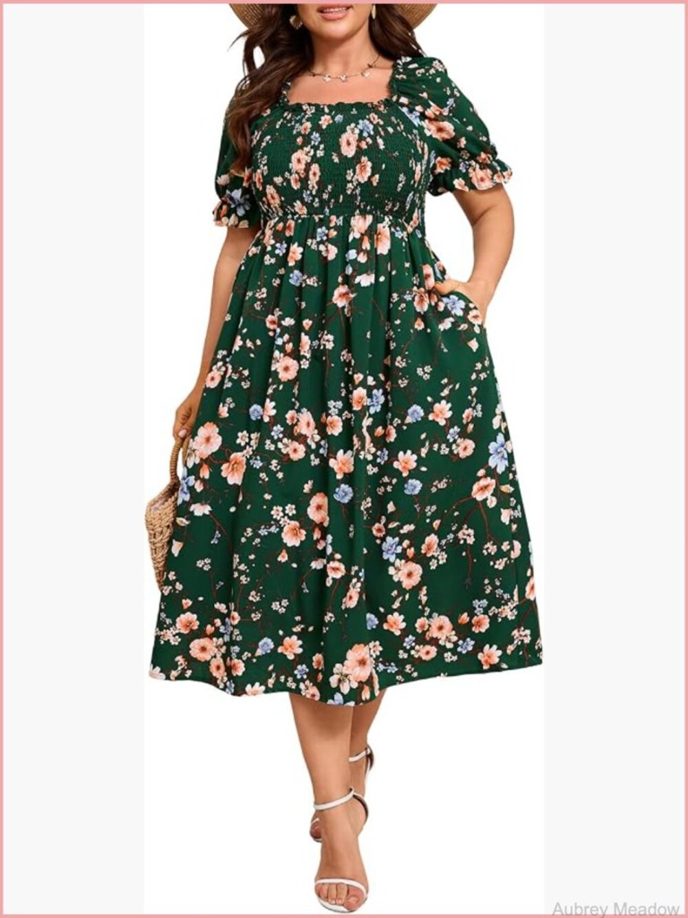 Plus Size Floral Midi Dress Square Neck Puff Sleeve Boho - Picture 1 of 6